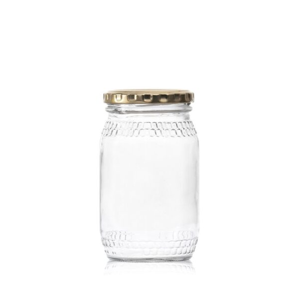 352ML Clear glass consol round honey jar with a gold lid