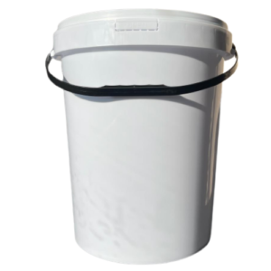 25L White bucket with a black handle and a white lid