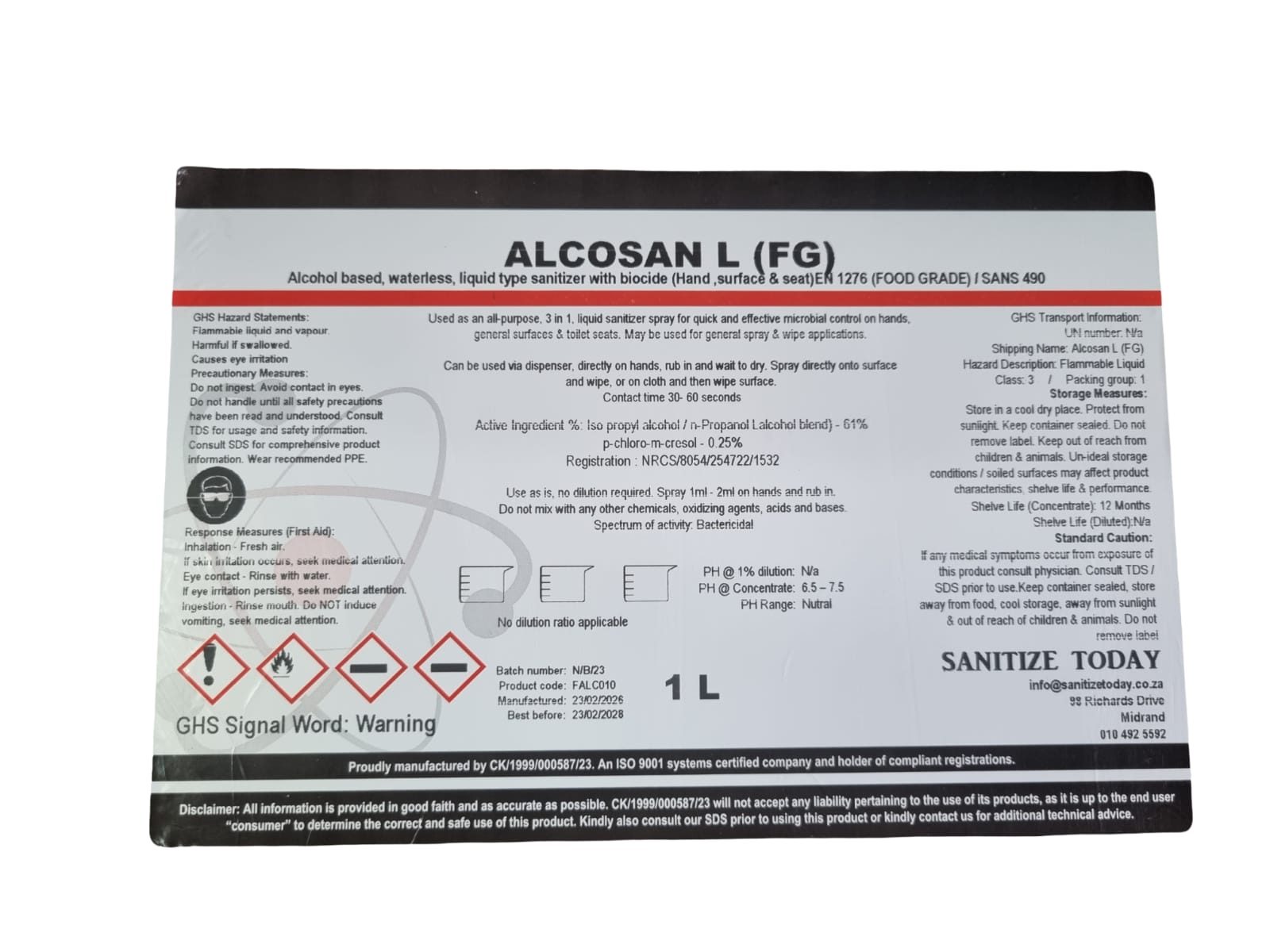 Alcosan L Food Grade Liquid Sanitizer 1L - Image 2