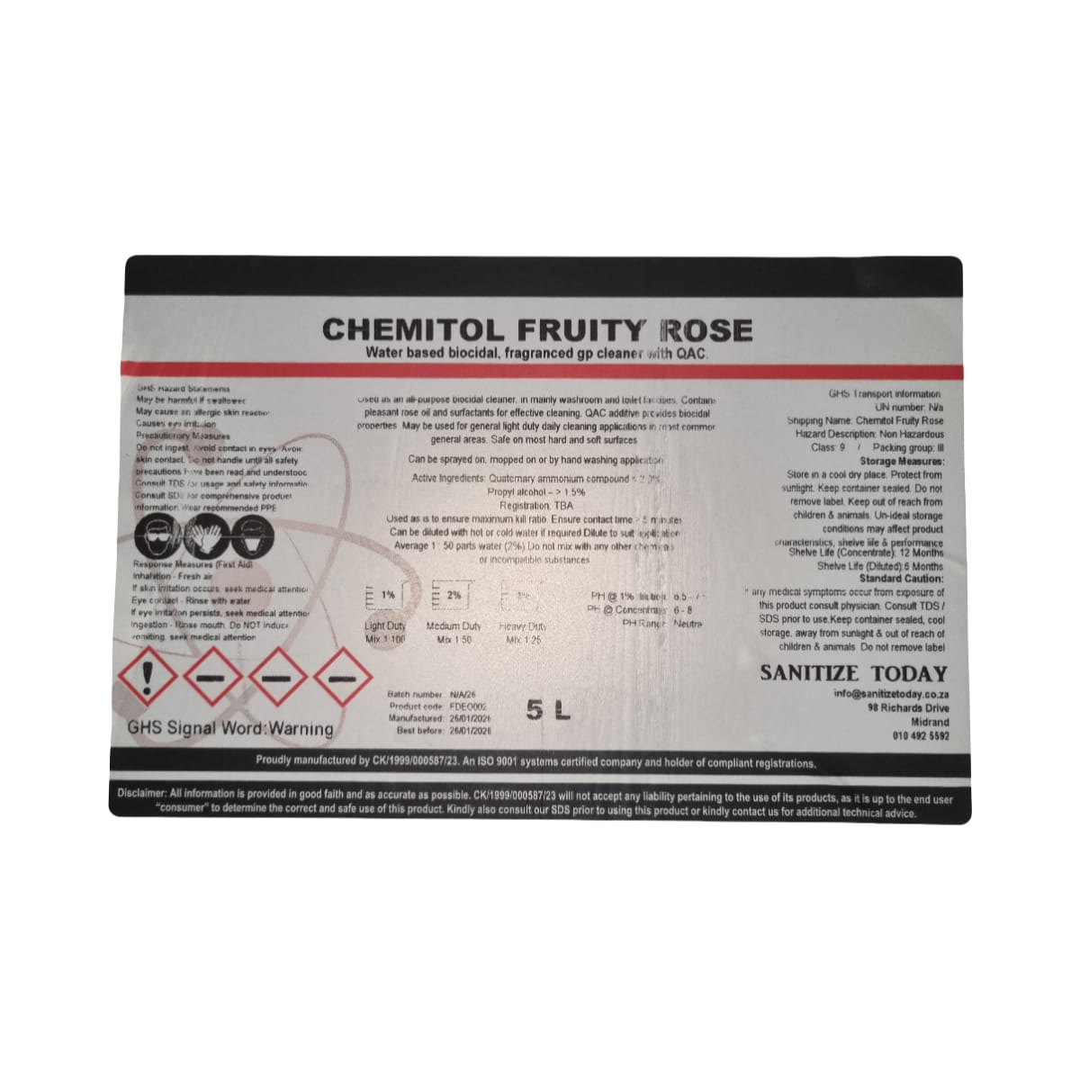 Chemitol Fruity Rose QAC General Purpose Biocidal Cleaner 5L - Image 2
