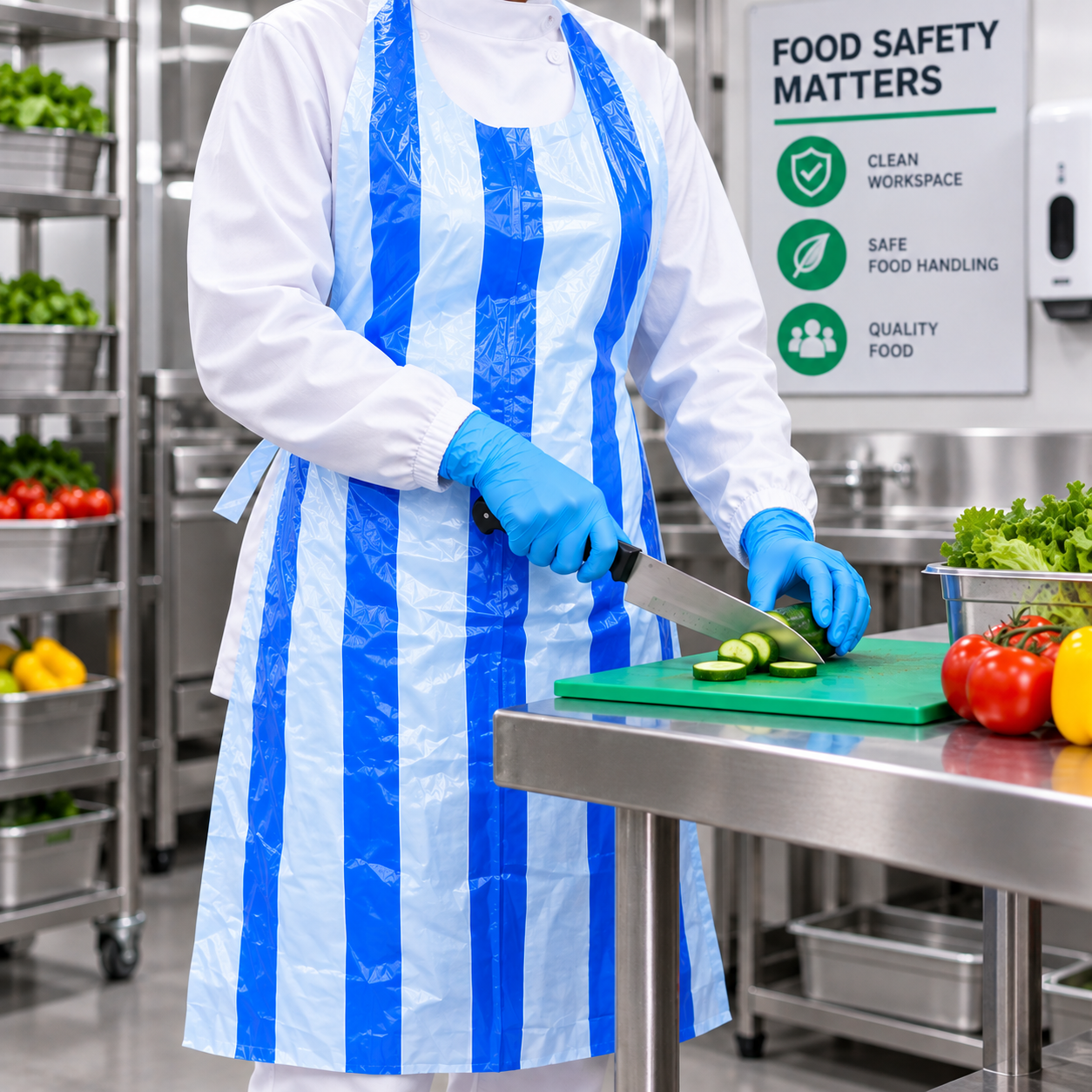 Disposable Plastic Aprons Blue and White Striped (100's) - Image 4