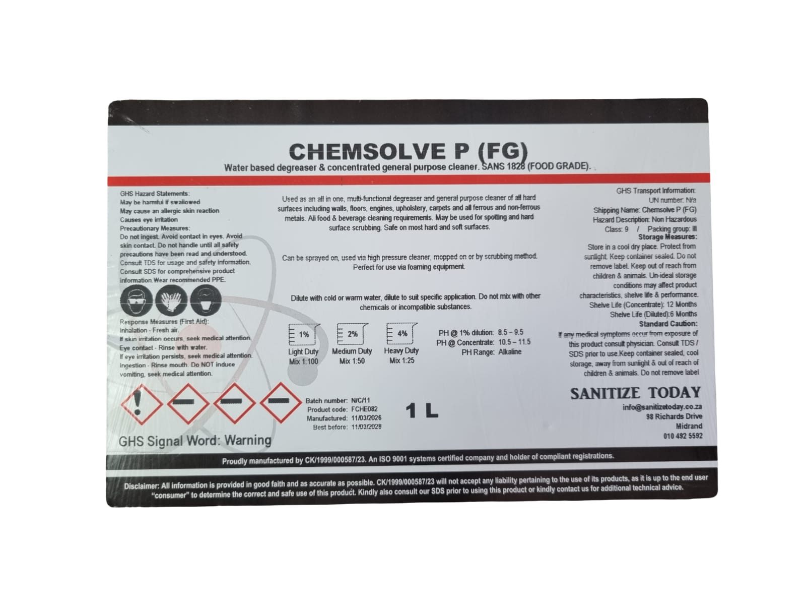 Chemsolve P General Purpose Food Grade Cleaner 1L - Image 2