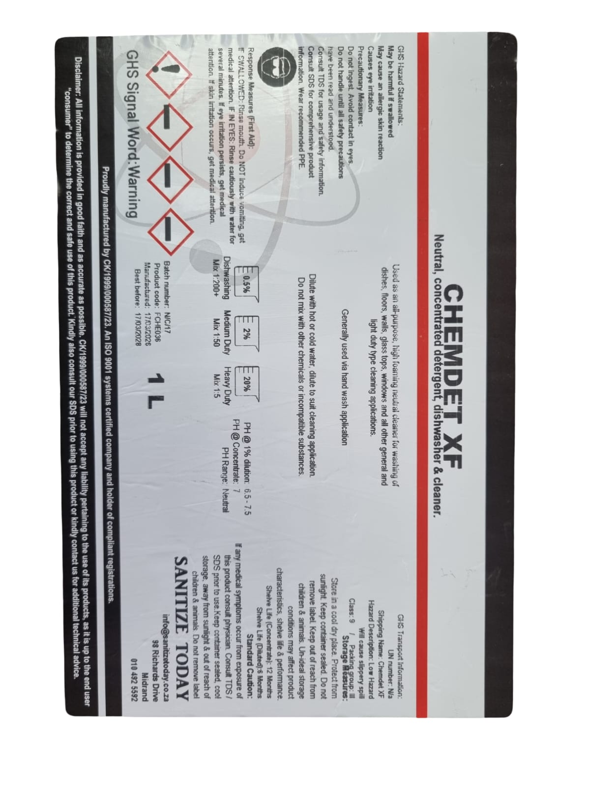Chemdet XF Dish Washing Liquid 1L - Image 2